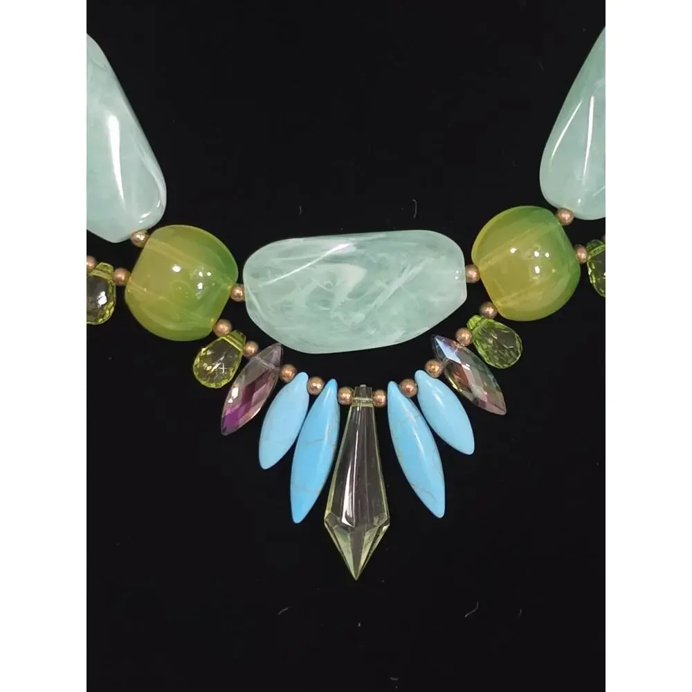 Vibrant Colorful Statement Necklace Green Blue Turquoise Stones Ribbon Closure